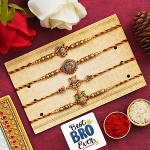 ecraftindia set of 4 lord ganesha peacock krishna amp kalash designer rakhis with roli chawal pack and best bro ever fridge magnet - rakhi for brother