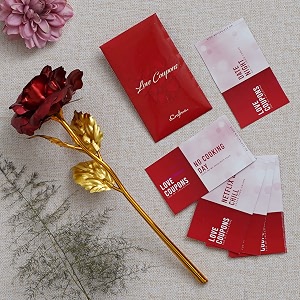 ecraftindia valentine gift for girlfriend boyfriend  set of 12 love coupons greeting card golden red rose showpiece  valentine day gift for husband wife her him  valentine day decoration items