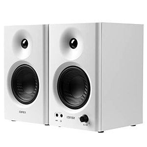 edifier mr4 studio monitor - smooth frequency 139 silk dome tweeter 439 diaphragm woofer wooden rca trs aux ideal for content creators - white