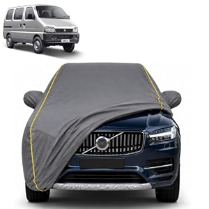 eeco 100 waterproof car cover  dustproof sun protection cover  soft cotton lining  triple stitched  mirror pocket  antenna pocket  all weather body cover grey with yellow piping