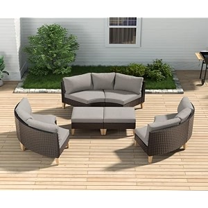 5-piece outdoor patio furniture set rattan wicker sectional sofa set with half-round sofa ottomans and cushion with balcony for gardenpoolbackyard rattan brown amp cushion grey