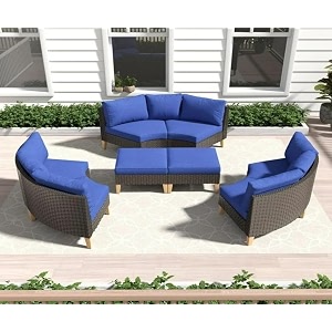 5-piece outdoor patio furniture set rattan wicker sectional sofa set with half-round sofa ottomans and cushion with balcony for gardenpoolbackyard rattan brown amp cushion nevy blue