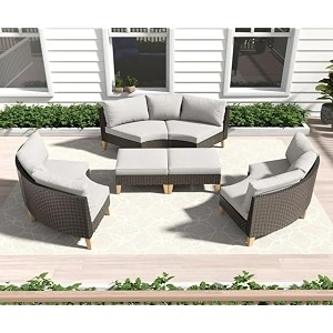 5-piece outdoor patio furniture set rattan wicker sectional sofa set with half-round sofa ottomans and cushion with balcony for gardenpoolbackyard rattan brown amp cushion white