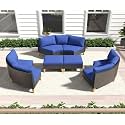 5-Piece Outdoor Patio Furniture Set Rattan Wicker Sectional Sofa Set with Half-Round Sofa Ottomans and Cushion with Balcony for Garden,Pool,Backyard (Rattan Brown & Cushion Nevy Blue)