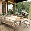 5 Pieces Porch Backyard Garden Outdoor Furniture Rope Sofa Set and Wooden Top Table Conversation Set in Beige