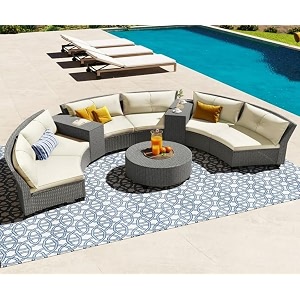 6-piece outdoor patio furniture set rattan wicker sectional sofa set with half-round table and tempered glass table top half-moon sofa with pillows for gardenpoolbackyardsilver amp off white