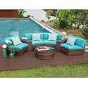 6-Piece Outdoor Patio Furniture Set Rattan Wicker Sectional Sofa Set with Half-Round Table and Tempered Glass Tabletop Half-Moon Sofa with Pillows for Garden,Pool,Backyard (Sky Blue)