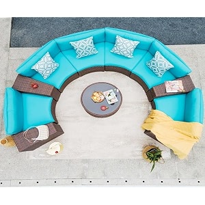 6 seater half-moon sofa outdoor patio furniture set rattan wicker sectional sofa set with half-round table and tempered glass tabletop with pillows for gardenpoolbackyard sky blue