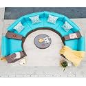 6 Seater Half-Moon Sofa Outdoor Patio Furniture Set Rattan Wicker Sectional Sofa Set with Half-Round Table and Tempered Glass Tabletop with Pillows for Garden,Pool,Backyard (Sky Blue)