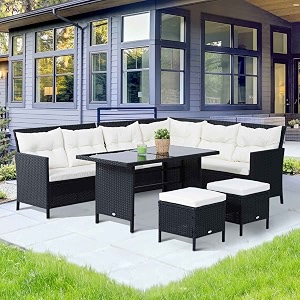 7-seater conversational wicker sofa dining table outdoor patio furniture set for gardenlawnbalconyblack and white