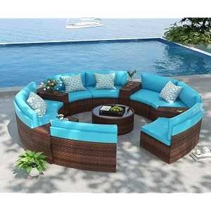 8 seater half-moon sofa outdoor patio furniture set rattan wicker sectional sofa set with half-round table and tempered glass tabletop with pillows for gardenpoolbackyard sky blue cushion