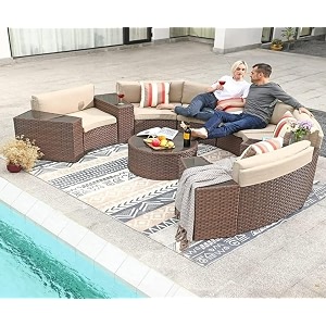 8 seater half-moon sofa outdoor patio furniture set rattan wicker sectional sofa set with half-round table and tempered glass tabletop with pillows for gardenpoolbackyard beige cushion