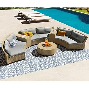 8 seater half-moon sofa outdoor patio furniture set rattan wicker sectional sofa set with half-round table and tempered glass tabletop with pillows for gardenpoolbackyard grey cushion