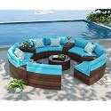 8 Seater Half-Moon Sofa Outdoor Patio Furniture Set Rattan Wicker Sectional Sofa Set with Half-Round Table and Tempered Glass Tabletop with Pillows for Garden,Pool,Backyard (Sky Blue Cushion)