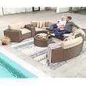 8 Seater Half-Moon Sofa Outdoor Patio Furniture Set Rattan Wicker Sectional Sofa Set with Half-Round Table and Tempered Glass Tabletop with Pillows for Garden,Pool,Backyard Beige Cushion