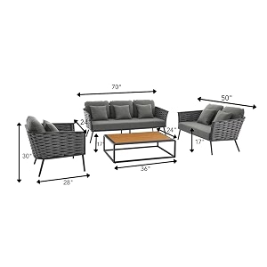 patio furniture set 4 pieces porch backyard garden outdoor furniture rope sofa set and wooden top table conversation set in grey color