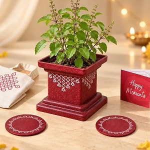 Eha Earth Friendly 5 inch Small Tulasi Pot for Home with Diya Plate | Diwali Gift Hamper for Friends & Family | Tulasi Pot Made with Rice Husk | Diwal