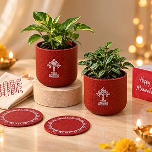 Eha Earth Friendly Set of 2 Small Plant Pot with Diya Plate for Diwali Gift