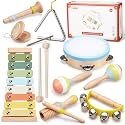 Ehome Musical Instruments Set Montessori Wooden Music Toys for Boys Girls Age 3 4 5 6 Neutral Color Percussion Music Kit with Drum, Xylophone, Storage Bag, Birthday Learning Gift