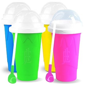 ej1 slushie maker cup pack of 4 frozen magic double layer silicone squeeze cup - quick cooling slushy milk shake ice cream smoothies homemade diy bpa free with lid amp straw for family