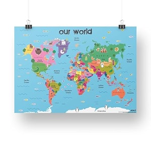 ekdali world map - for wall poster  wall poster big size  wall posters for study learn  home amp decor -school boysgirls kids bright blue 24 x 33 inch