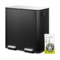 EKO EcoCasa Plus 2 x 10.6 Gal (2 x 40 L) Dual Trash Can for Kitchen, Large Stainless Steel Step-On Garbage Can, Trash and Recycle Bin Combo with Soft-Close Lids, Removable Buckets, Matte Black