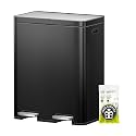 EKO Edison 8+8 Gallon Dual Trash Can for Recycling and Trash, Stainless Steel Kitchen Step Can with Dual Removable Inner Bucket, Independent Lids and Pedals, Black