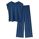 Ekouaer Lounge Sets for Women Two Piece Outfits Knit Cap Sleeve Tops Wide Leg Pleated Pants Casual Dressy Sweater Sets