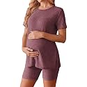 Ekouaer Maternity Sets 2 Piece Outfits Short Sleeve Shirts and Biker Shorts Pregnancy Loungewear