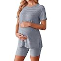 Ekouaer Women's Maternity 2 Piece Sets Short Sleeve Shirts and Biker Shorts