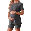 Ekouaer Women's Maternity 2 Piece Sets Short Sleeve Shirts and Biker Shorts