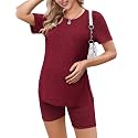 Ekouaer Women's Maternity 2 Piece Sets Short Sleeve Shirts and Biker Shorts
