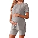 Ekouaer Women's Maternity 2 Piece Sets Short Sleeve Shirts and Biker Shorts