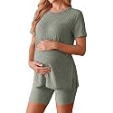 Ekouaer Women's Maternity 2 Piece Sets Short Sleeve Shirts and Biker Shorts