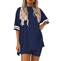 Ekouaer Womens Pajamas Casual 2 Piece Short Sleeve Biker Shorts Lounge Set