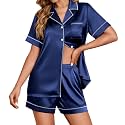 Ekouaer Womens Satin Silk 2 Piece Pajamas Set Short Sleeve Sleepwear