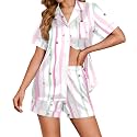 Ekouaer Womens Satin Silk 2 Piece Pajamas Set Short Sleeve Sleepwear