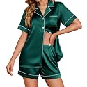 Ekouaer Womens Satin Silk 2 Piece Pajamas Set Short Sleeve Sleepwear