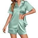 Ekouaer Womens Satin Silk 2 Piece Pajamas Set Short Sleeve Sleepwear