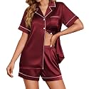 Ekouaer Womens Satin Silk 2 Piece Pajamas Set Short Sleeve Sleepwear