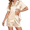 Ekouaer Womens Satin Silk 2 Piece Pajamas Set Short Sleeve Sleepwear