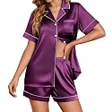 Ekouaer Womens Satin Silk 2 Piece Pajamas Set Short Sleeve Sleepwear