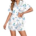 Ekouaer Womens Satin Silk 2 Piece Pajamas Set Short Sleeve Sleepwear