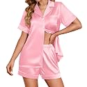 Ekouaer Womens Satin Silk 2 Piece Pajamas Set Short Sleeve Sleepwear