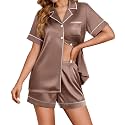Ekouaer Womens Satin Silk 2 Piece Pajamas Set Short Sleeve Sleepwear