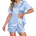 Ekouaer Womens Satin Silk 2 Piece Pajamas Set Short Sleeve Sleepwear