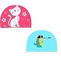El Regalo 2 PCs Swim Cap Kids/Toddlers, Comfortable Breathable Polyester Fabric Swimming Caps Cute Cartoon Dolphin, Shark, Owl, Mermaid Fairy, Unicorn, Giraffe Swim Caps (Pink Kitty &amp; Dinasour)