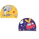 El Regalo 2 PCs Swim Cap Kids/Toddlers, Comfortable Breathable Polyester Fabric Swimming Caps Cute Cartoon Dolphin, Shark, Owl, Mermaid Fairy, Unicorn, Giraffe Swim Caps (Yellow Dolphin & Car)