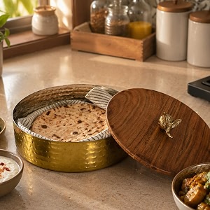 elan dabbahs amp days roti box with chimta  hammered gold stainless steel base amp acacia wood lid with lemon knob  premium indian serveware amp gifting piece diwali gift