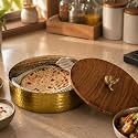 Elan Dabbahs & Days Roti Box with Chimta | Hammered Gold Stainless Steel Base & Acacia Wood Lid with Lemon Knob | Premium Indian Serveware & Gifting Piece diwali gift